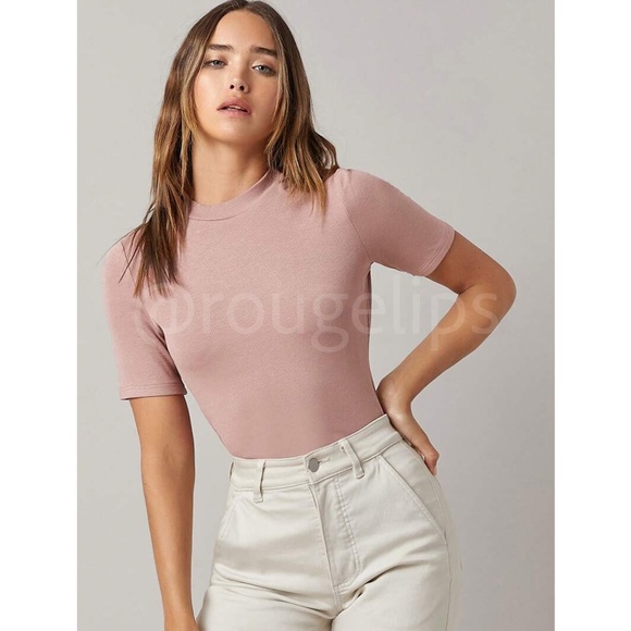 Dusty Pink Rib-Knit High Neck Short Sleeve Slim Fit Top Shirt - Picture 2 of 8